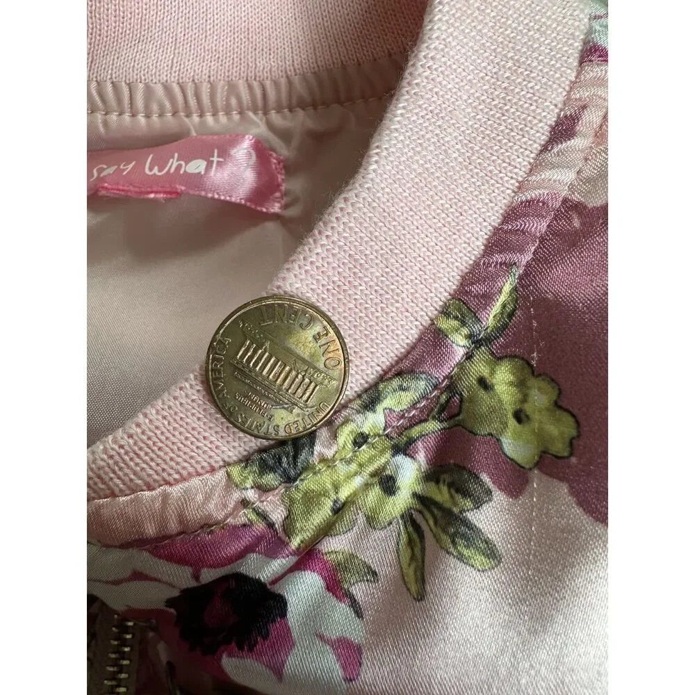Say What Pink Satin Floral Bomber Jacket Girls size Large 14/16